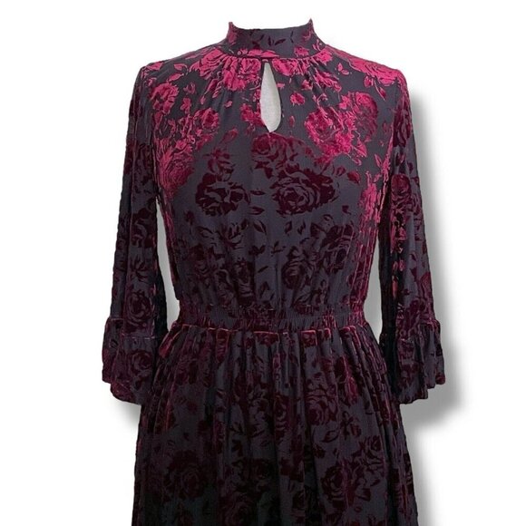 Modcloth Womens Very Visionary Dress Sz Medium Merlot Red Burnout Velvet Floral - Picture 4 of 12